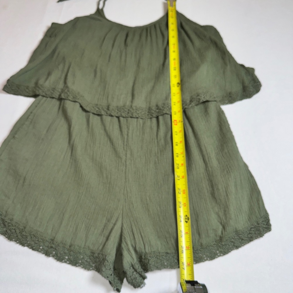 Aerie Olive Green Popover Romper Crochet Lace Trim Tie Straps Medium - Picture 7 of 12